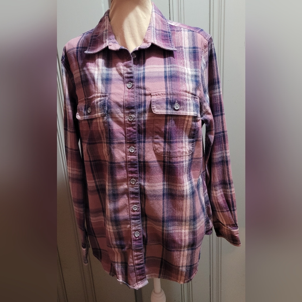 Women's Long Sleeve RIDGECUT Flex Flannel Button Down Shirt Purple Plaid Medium